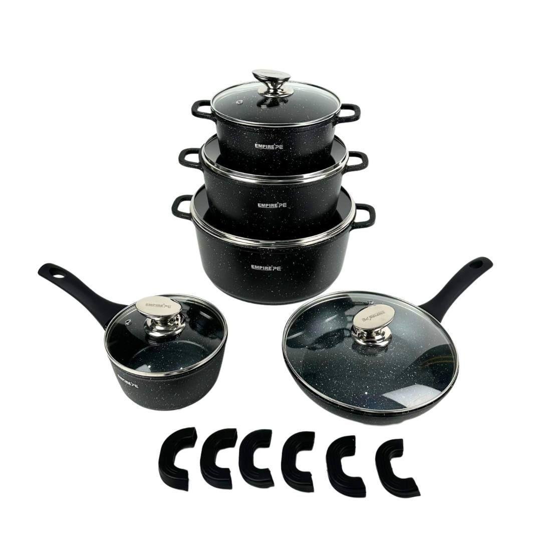 Набор посуды Empire EM-7338 кастрюли и сковорода со стеклянными крышками и силиконовыми прихватками 16 пр. Black (784780526)