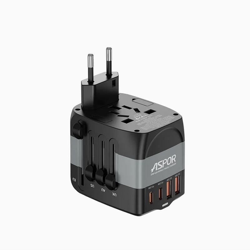 Зарядное устройство для телефонов Aspor A892 20W 4 порта с поддержкой вилок US/EU/UK/AU Черный (557-925206)