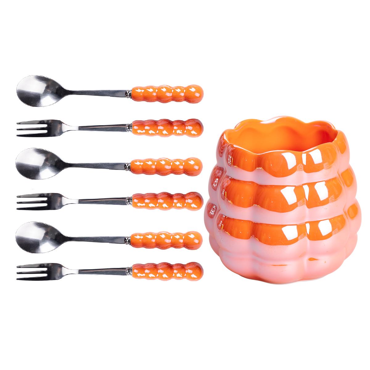 Набір виделок та ложок десертних з керамічною підставкою Помаранчевий (HP-20-60)