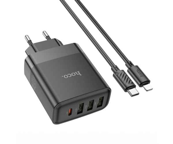 Устройство сетевое зарядное Hoco C127A Type-C/USB QC3.0 PD45W1C3A с кабелем Type-C to Lightning Black