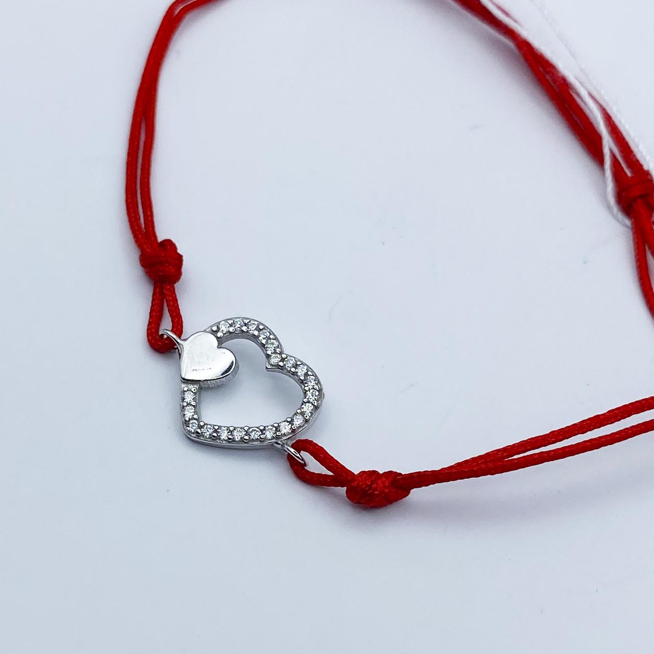 Браслет серебряный красная нить с кубическим цирконием Два сердца 1,03 г