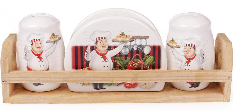 Набор для специй Шеф-повар два спецовника и салфетница на деревянной подставке (BD-DM762-A)