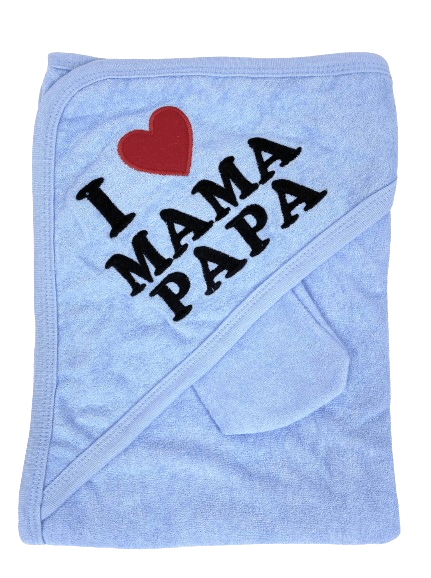 Полотенце махровое с капюшоном RoyalBaby I Love Mama & Papa с перчаткой 90х85 см Голубой (141)