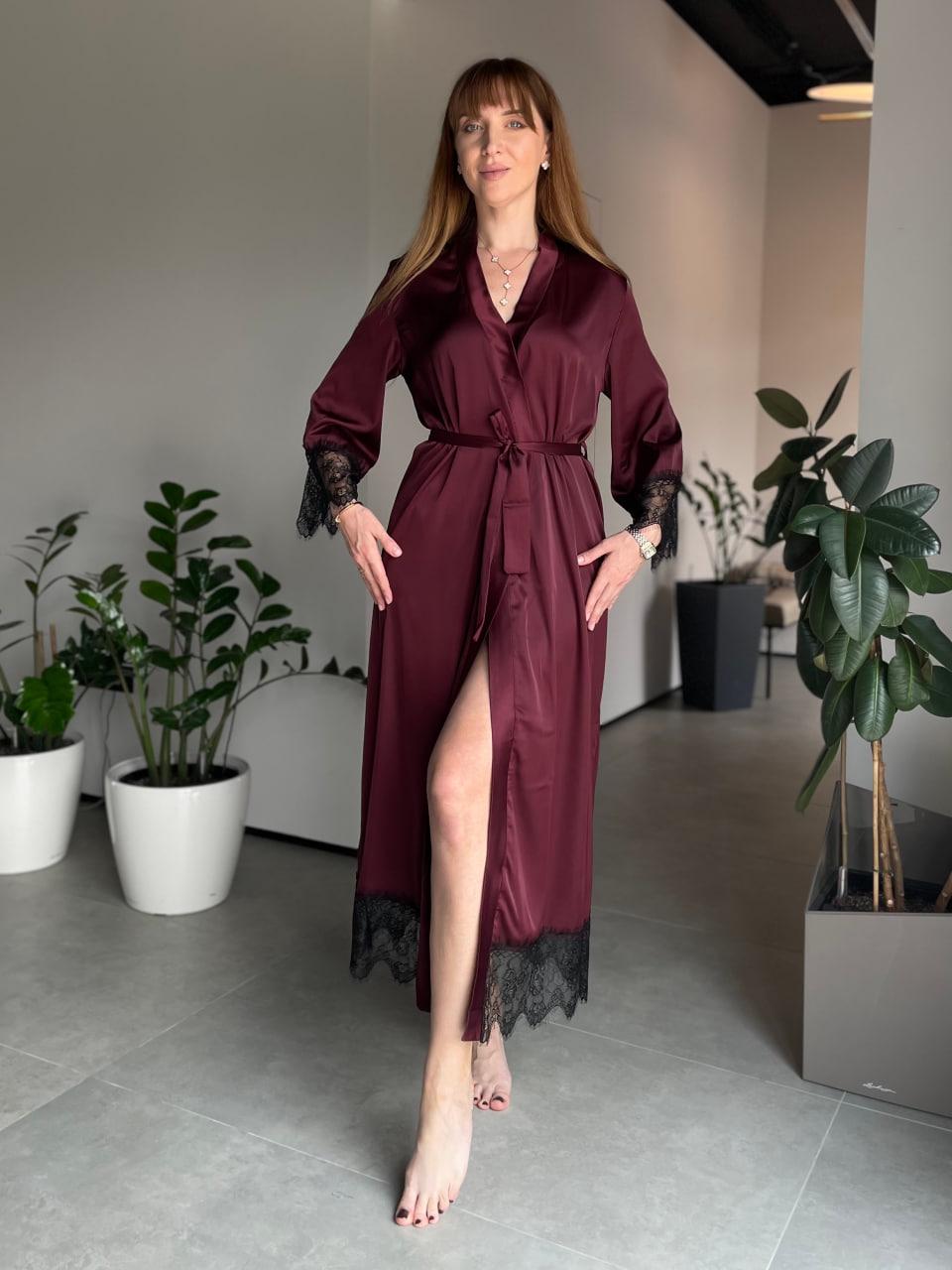 Халат женский длинный шелковый с кружевом XL Бордовый (2640002506)