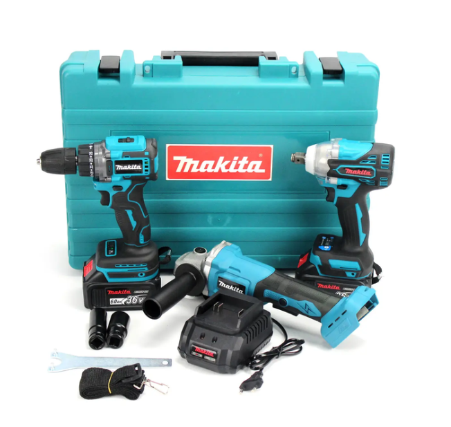 Набор аккумуляторного инструмента Makita 3в1 36 В шуруповерт/болгарка 125 мм/гайковерт 300 Нм 2 АКБ кейс (38097)