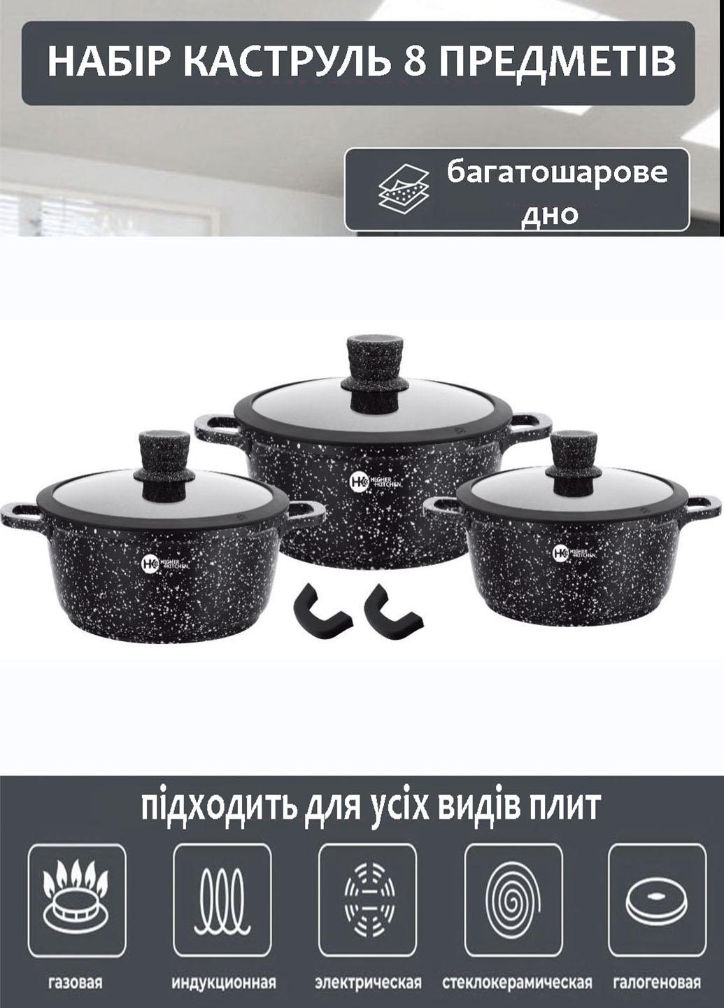 Набір каструль Higher Kitchen HK 325 із гранітним антипригарним покриттям 8 предметів 20/24/28 см Чорний (325А) - фото 3 Набір каструль Higher Kitchen HK 325 із гранітним антипригарним покриттям 8 предметів 20/24/28 см Чорний (325А) - фото 3
