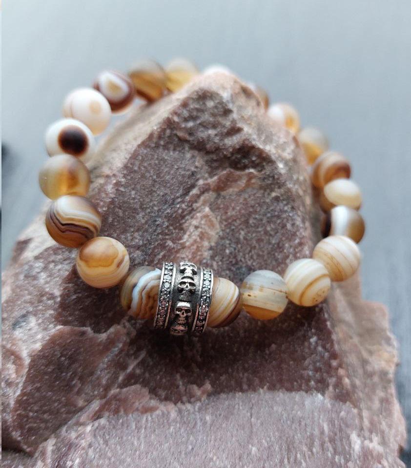 Браслет LITAURS из натурального камня агат d 10 мм и вставкой медицинская сталь с цирконием L 18-21 см (250217-1) - фото 7