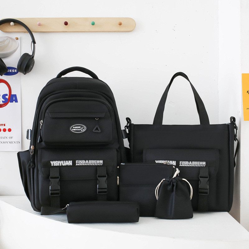 Рюкзак школьный набор 5в1 подростковый для девочки 5-11 класс сумка-шоппер/клатч/пенал Черный (28110866)