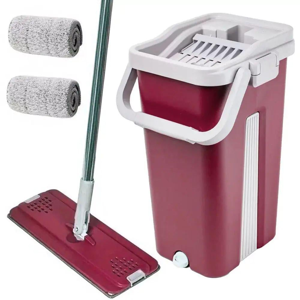 Комплект для уборки швабра лентяй и ведро 11 л с автоматическим отжимом и 2 насадки из микрофибры Бордовый