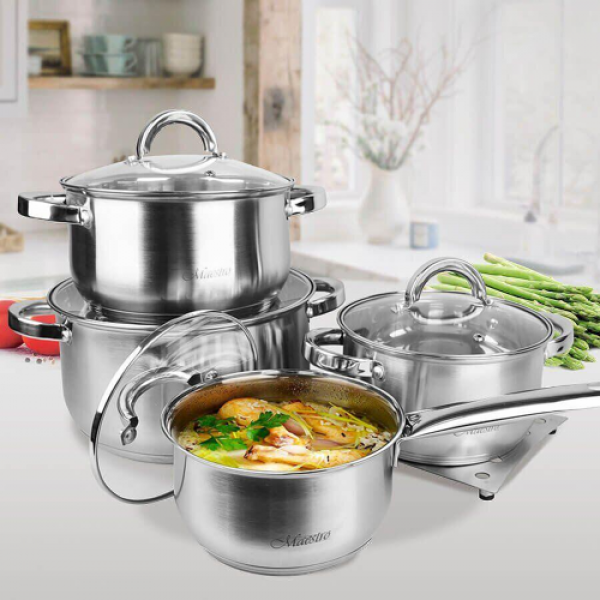 Набір посуду Maestro із нержавіючої сталі зі скляними кришками 1,5/2/3/5 л 9 пр. (8b0da7e2) - фото 4