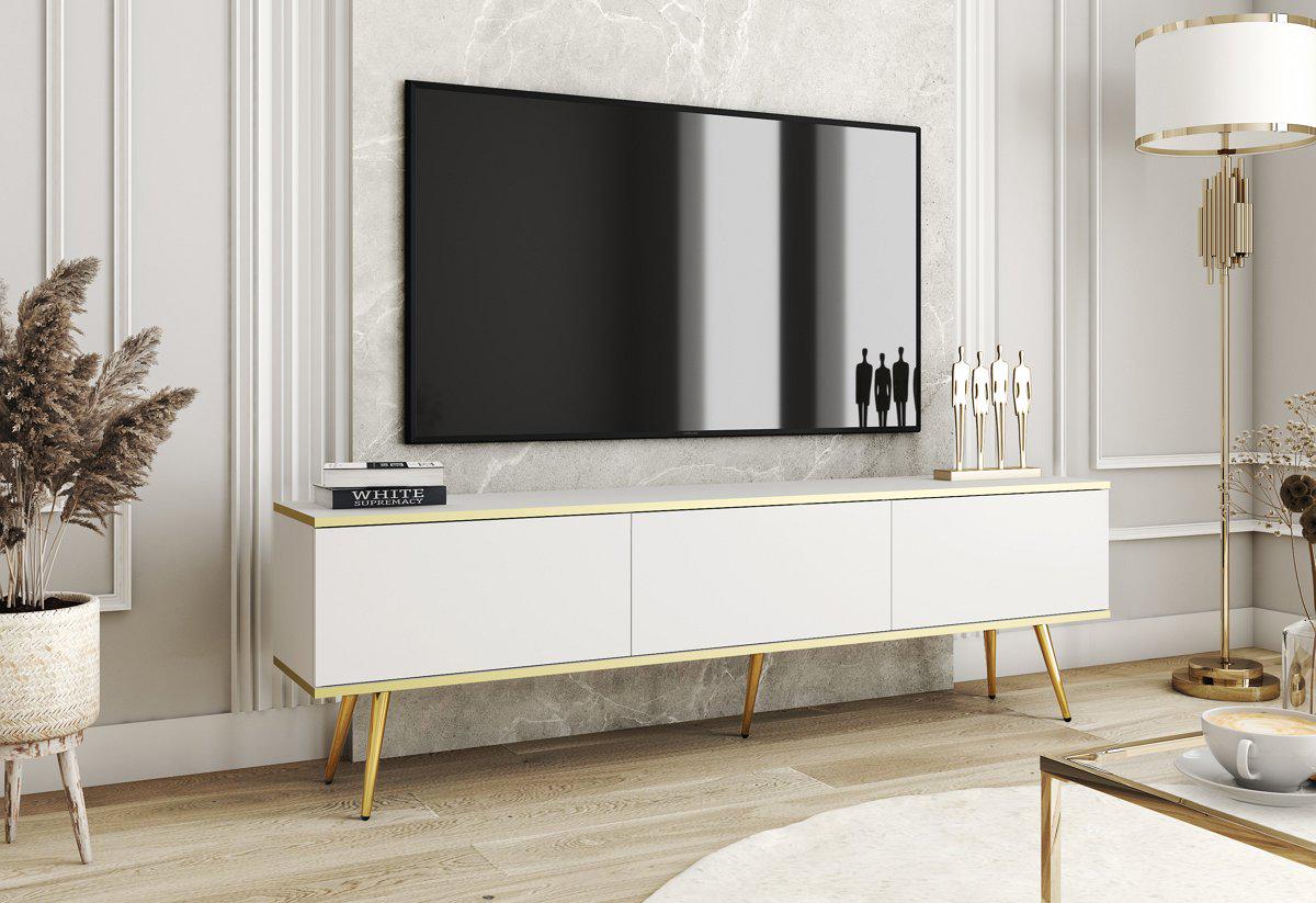 Тумба под телевизор Perfect Home Oro RTV175 3-дверная с золотыми ножками Белый (PFH-091319)