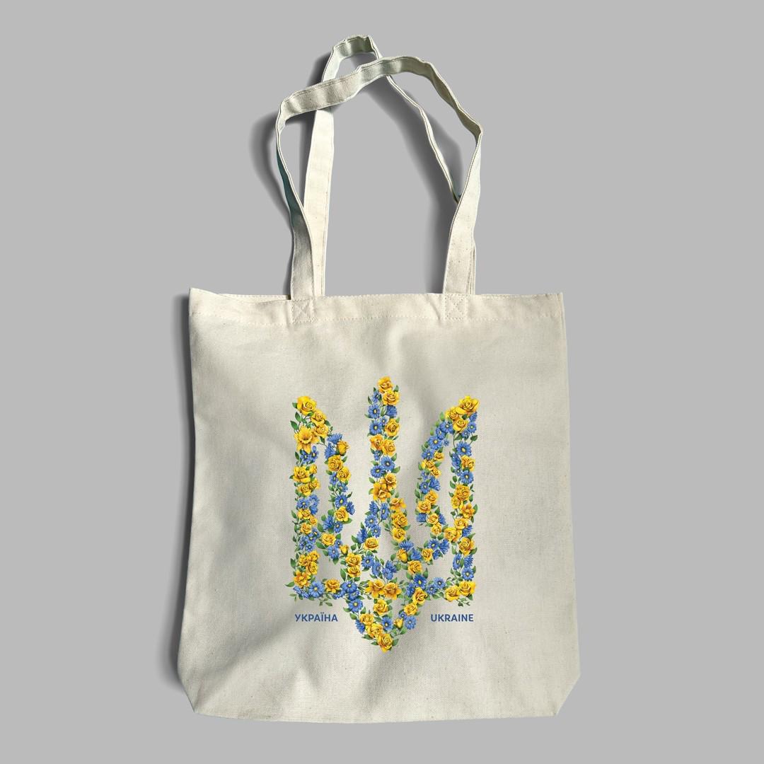 Эко-сумка UFree Shop с патриотическим орнаментом "Квіти України-UKRAINE" Бежевый  (EB-0046-1)