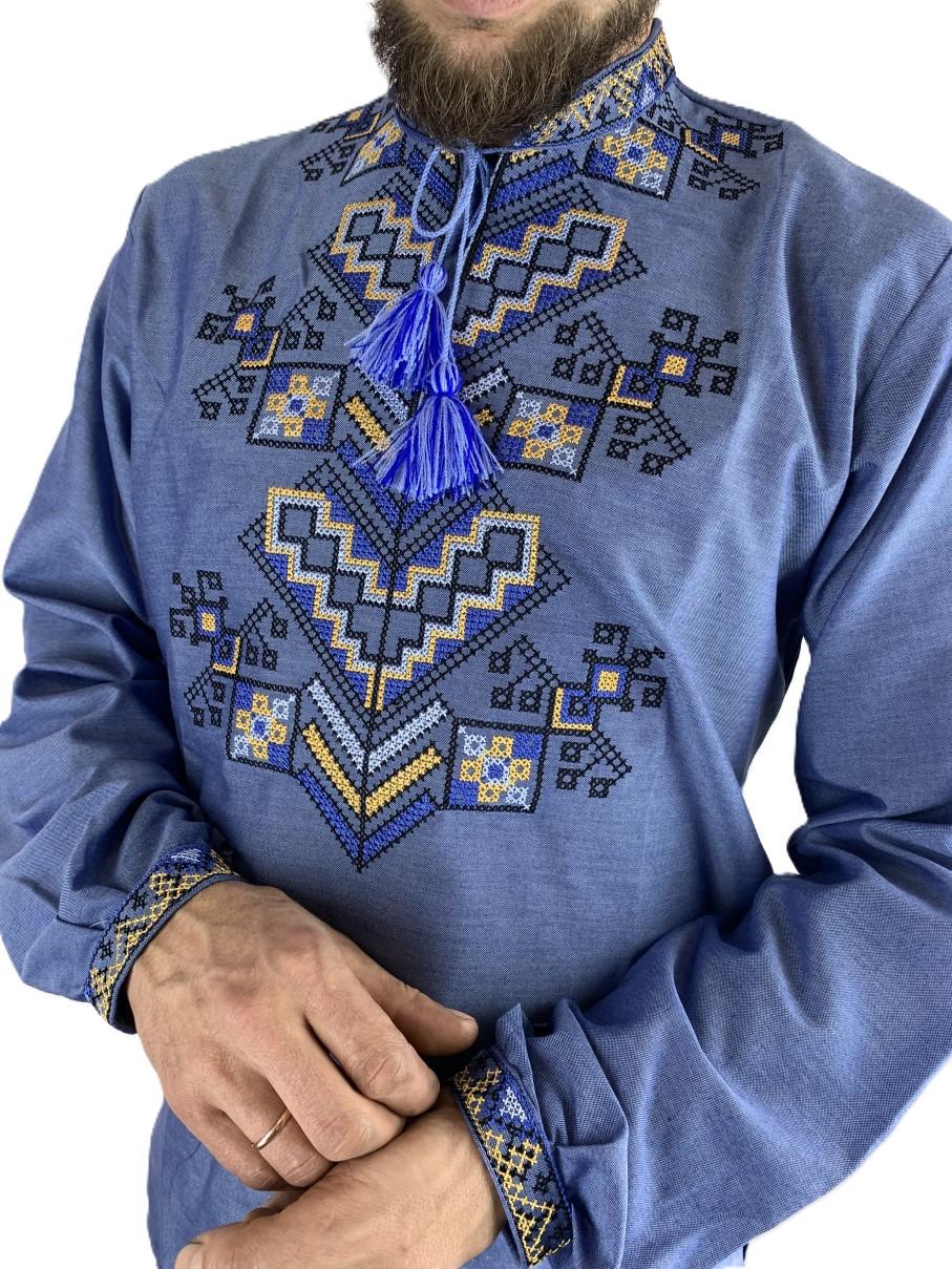 Вышиванка мужская Дерево жизни натуральная из домотканого полотна р. 58 Синий (4412/58) - фото 3 Вышиванка мужская Дерево жизни натуральная из домотканого полотна р. 58 Синий (4412/58) - фото 3