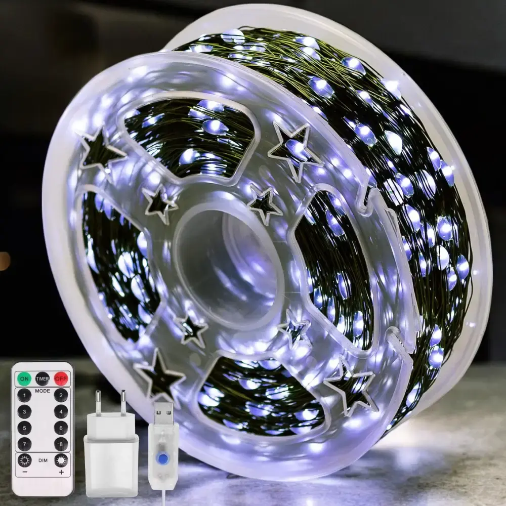 Гирлянда Роса с холодным белым светом/зеленая нить пульт 8 режимов 200 м (30461904)