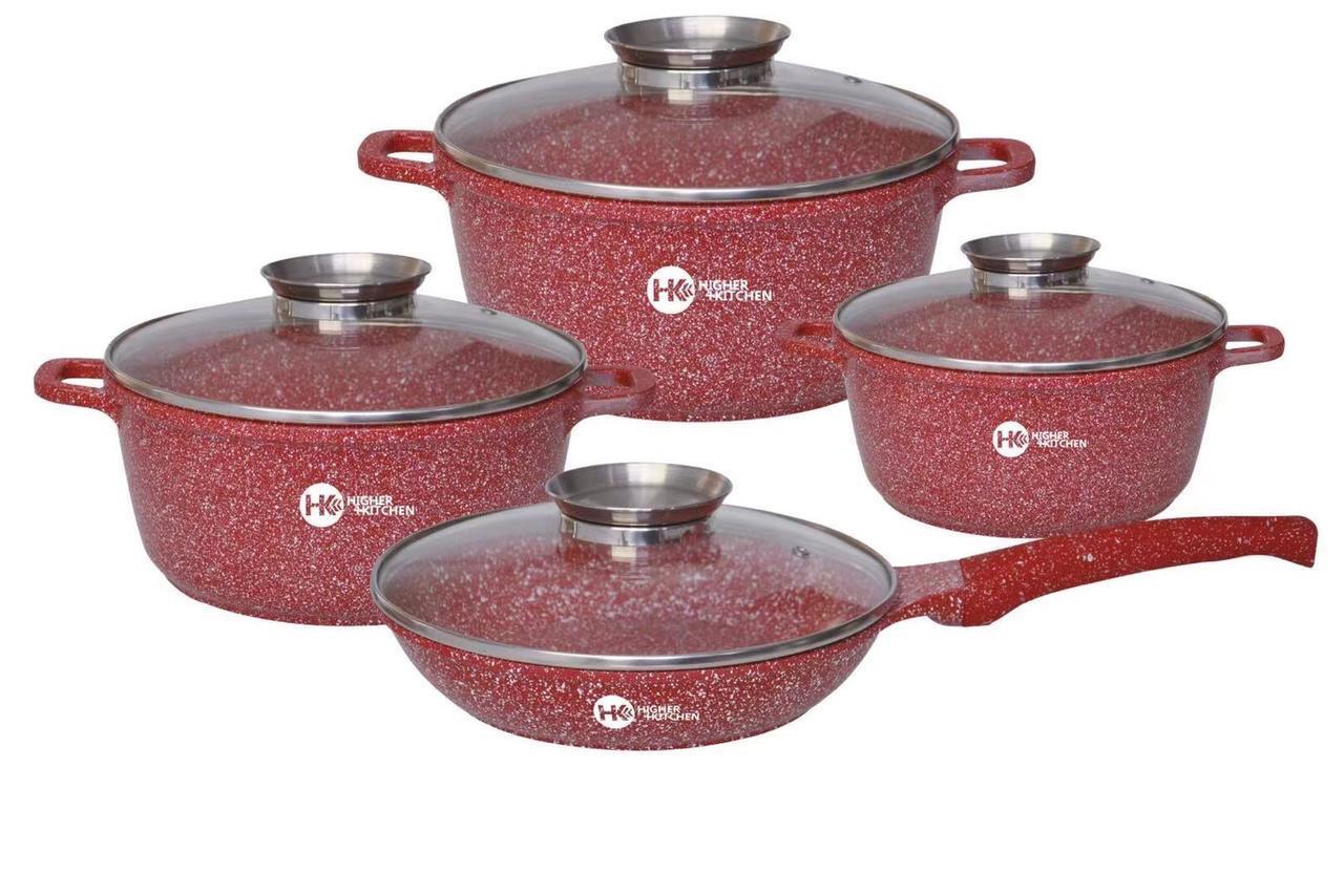 Набір каструль та сковорода Higher Kitchen HK-310 8 пр. із гранітним антипригарним покриттям Червоний (A8524) Набір каструль та сковорода Higher Kitchen HK-310 8 пр. із гранітним антипригарним покриттям Червоний (A8524)