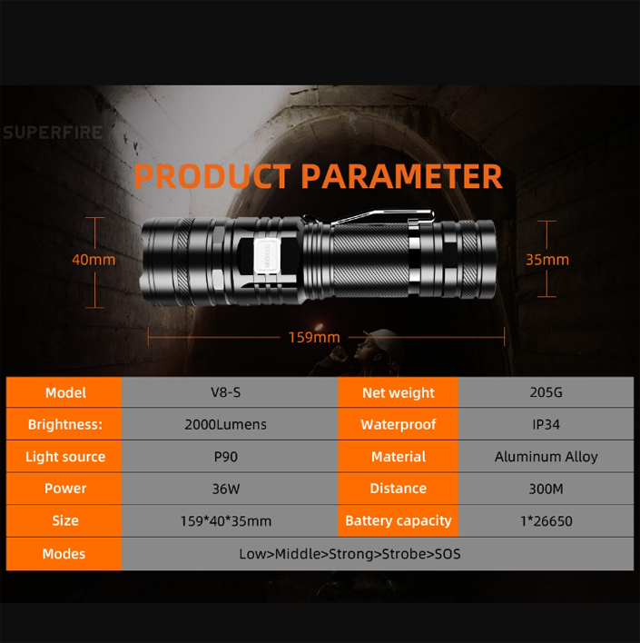 Ліхтар ручний акумуляторний SuperFire 2000 Lm IP34 (V8-S) - фото 7