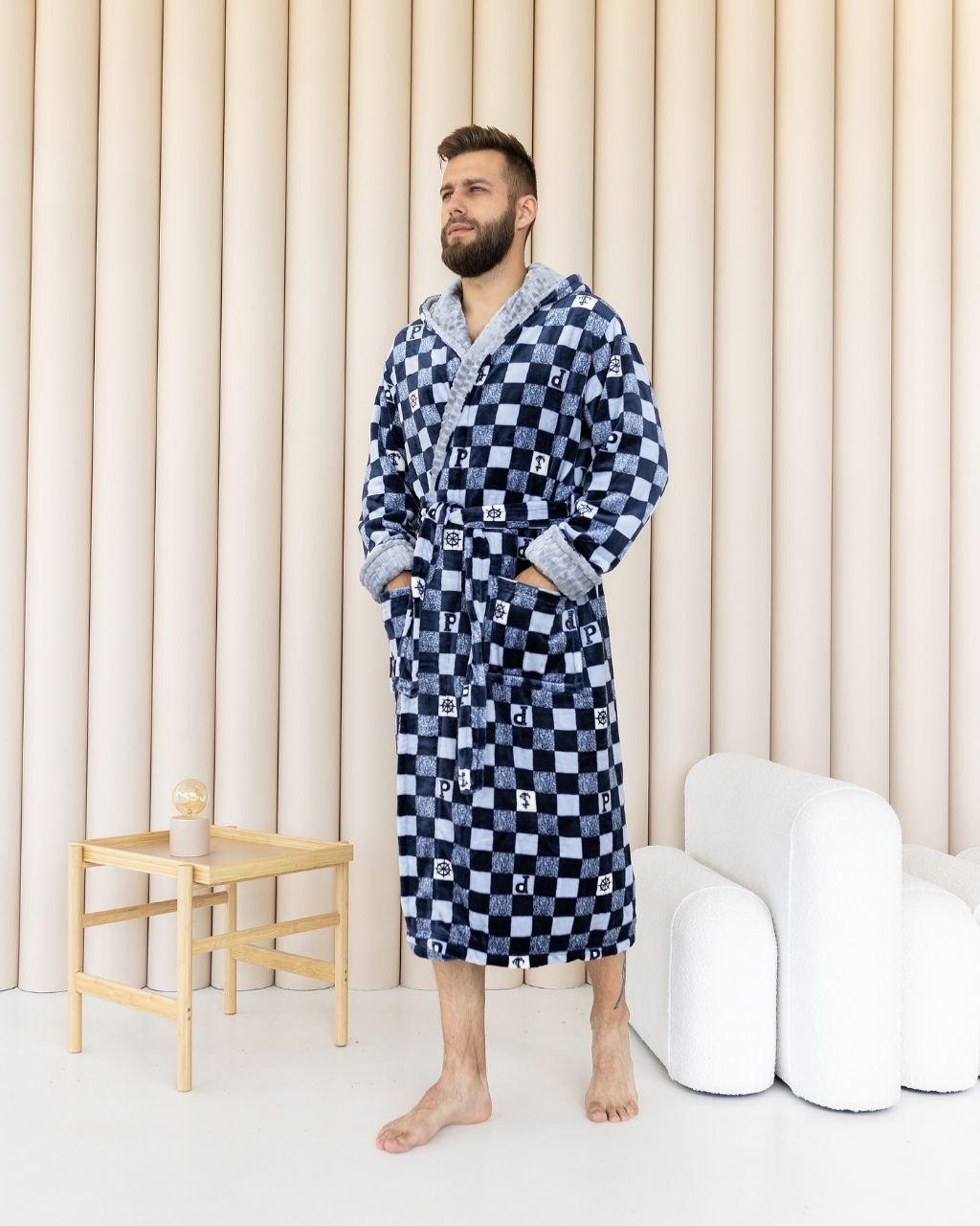 Халат плюшевый махровый на запах 5XL Сине-серый (Д-am-m-halat-014-05)