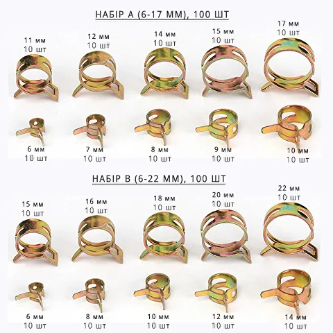 Хомуты пружинные для фиксации патрубков и магистральных шлангов 100 шт. d 6-22 мм (C00799-2) - фото 5 Хомуты пружинные для фиксации патрубков и магистральных шлангов 100 шт. d 6-22 мм (C00799-2) - фото 5