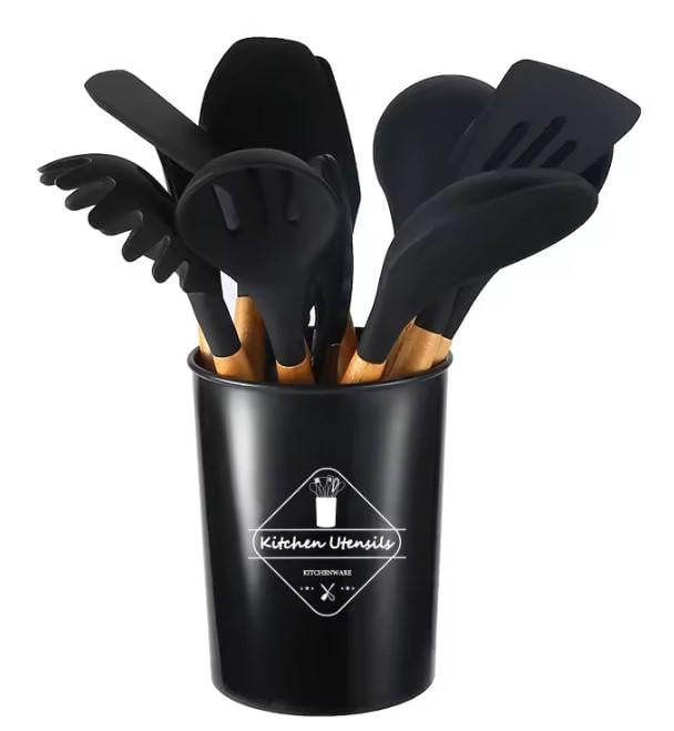 Набір кухонного приладдя силіконових з дерев'яними ручками та відерцем для зберігання 12 пр. (M70-25)