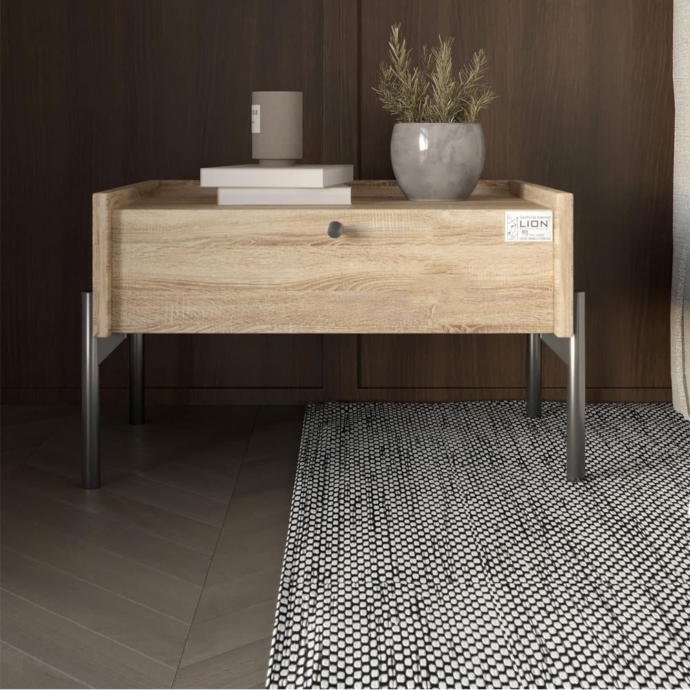 Тумба прикроватная Lion Wood с одним ящиком черные ножки Дуб Сонома (Lion-041321)