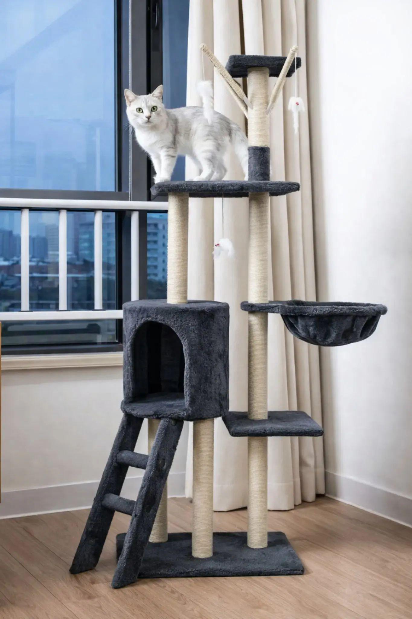 Игровой комплекс для кошек до 3 кг с когтеточкой и домиком 140х97х45 см 5 уровней Темно-серый (opt-105901)