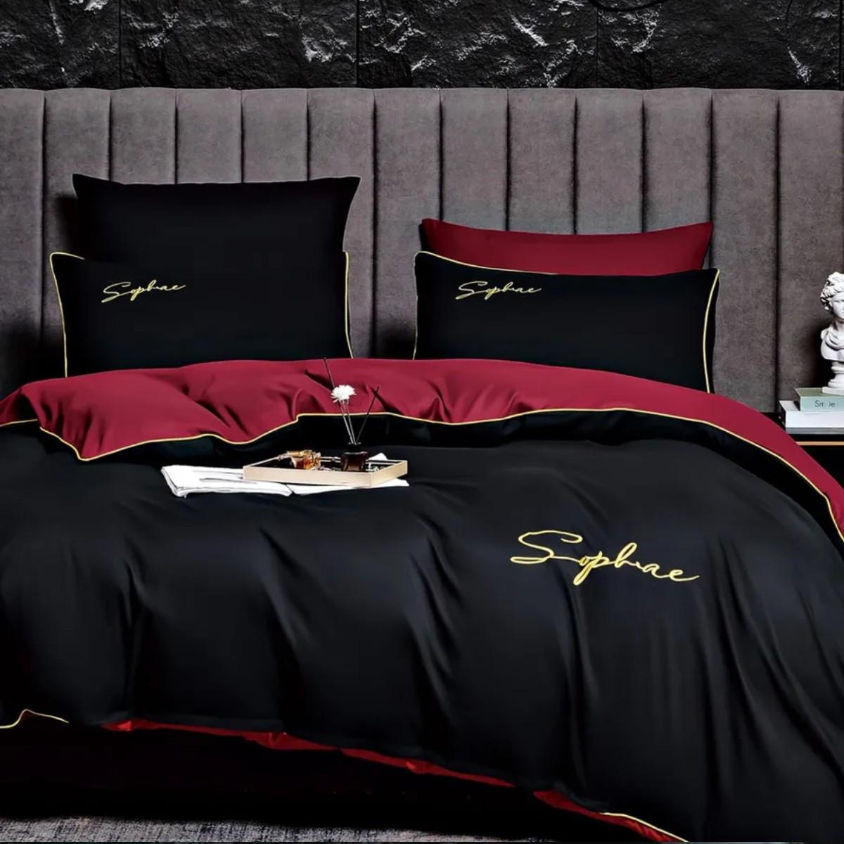 Комплект постельного белья Koloco Sophae сатин двуспальное Черный с красным (42548) - фото 1