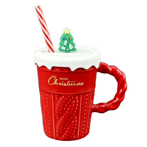 Чашка керамічна Olens 102-1061-3 Різдвяний світер з кришкою і трубочкою 380 мл Червоний (2786437933)