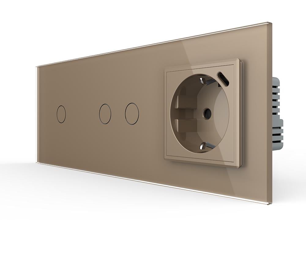 Выключатель умный Livolo сенсорный 3 сенсора 1-2 с розеткой USB Type-C 18 Вт с заземлением стекло Золотой Выключатель умный Livolo сенсорный 3 сенсора 1-2 с розеткой USB Type-C 18 Вт с заземлением стекло Золотой