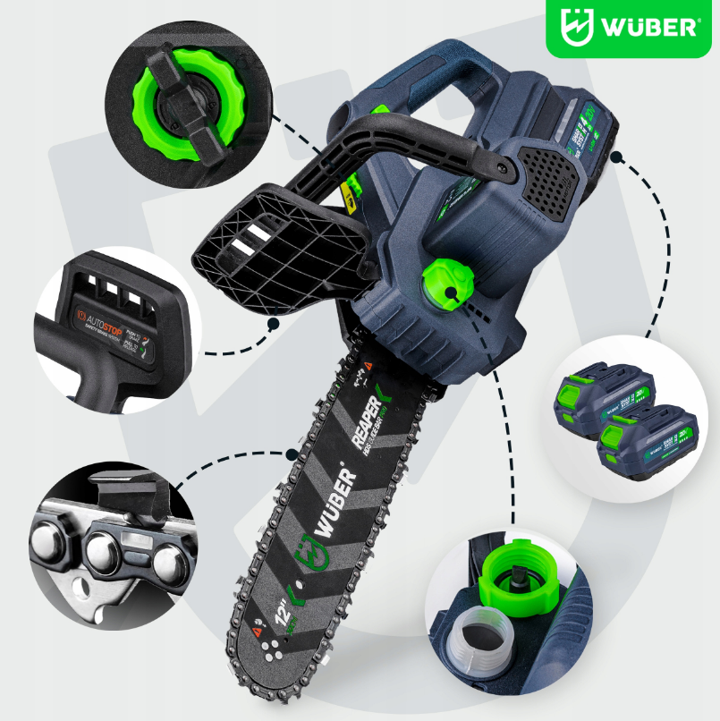 Пила аккумуляторная цепная Wuber 2 аккумулятора 4Ач 20В/шина 30 см - фото 5