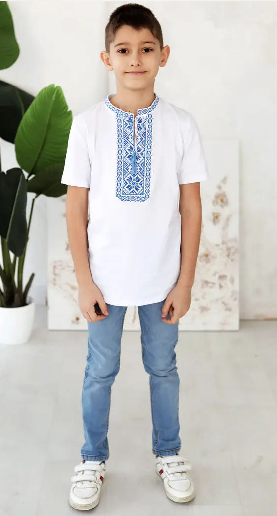 Футболка-вышиванка детская на мальчика трикотажная 98 см Белый с голубым (дхл-03-98) - фото 1 Футболка-вышиванка детская на мальчика трикотажная 98 см Белый с голубым (дхл-03-98) - фото 1