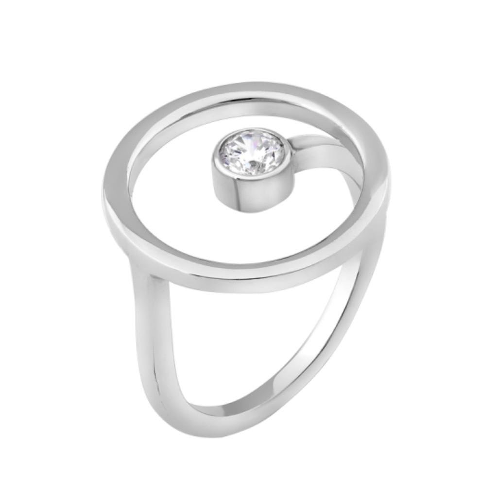 Кольцо круг с белым камнем серебро 925 пробы родированное 3,06 г р. 17,5 (л026р)