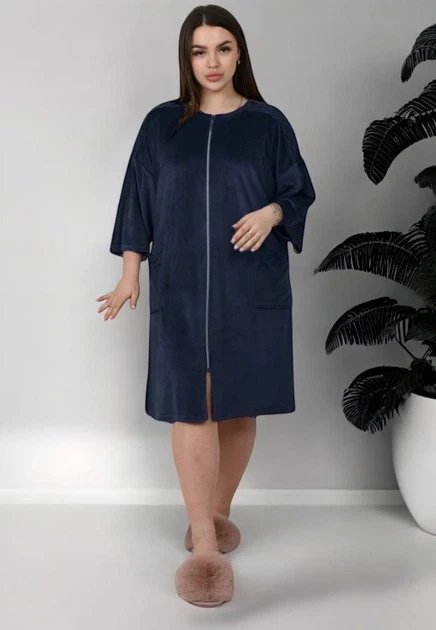 Халат жіночий N.EL 1338-53k батальний велюровий із мереживом на блискавці 4XL Синій (1338-53k)