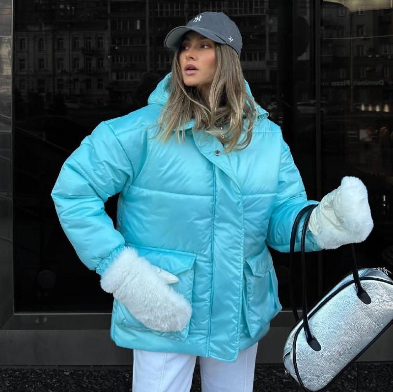 Куртка женская короткая ZF Inspire 1010 удлиненная сзади с большим капюшоном и ремнем L-XL Голубой (1010-Бл-L-XL)