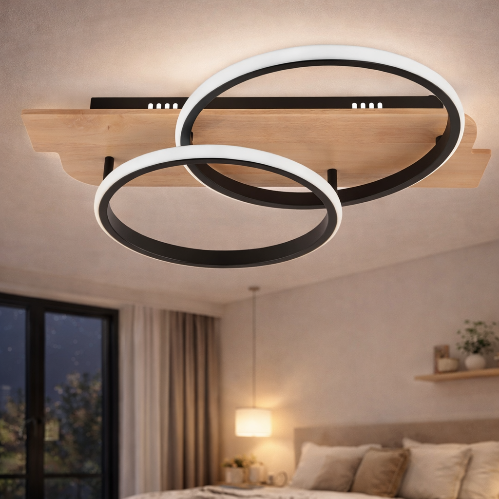 Люстра светодиодная Valeso 41W с кольцевыми плафонами 3000K-6500К с пультом Черный (DK6593/2 BK+WOOD)