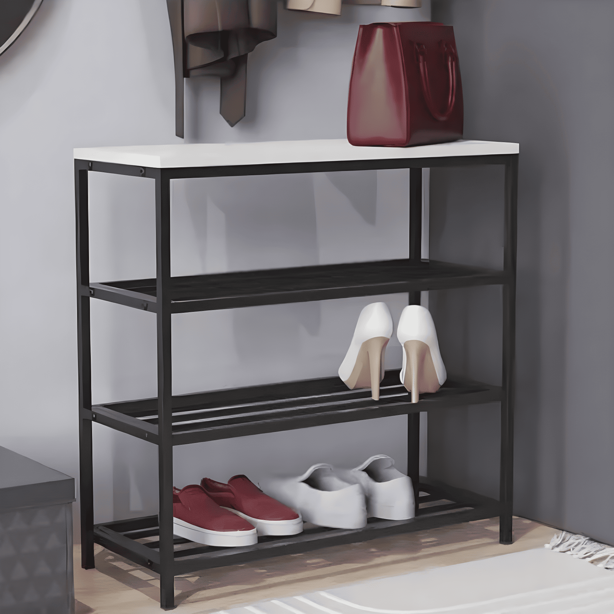 Полка для обуви Ferrum-decor Слайм 3 металл/ДСП 16 мм 6350x630x260 мм Черный/Белый (FRD-105156)