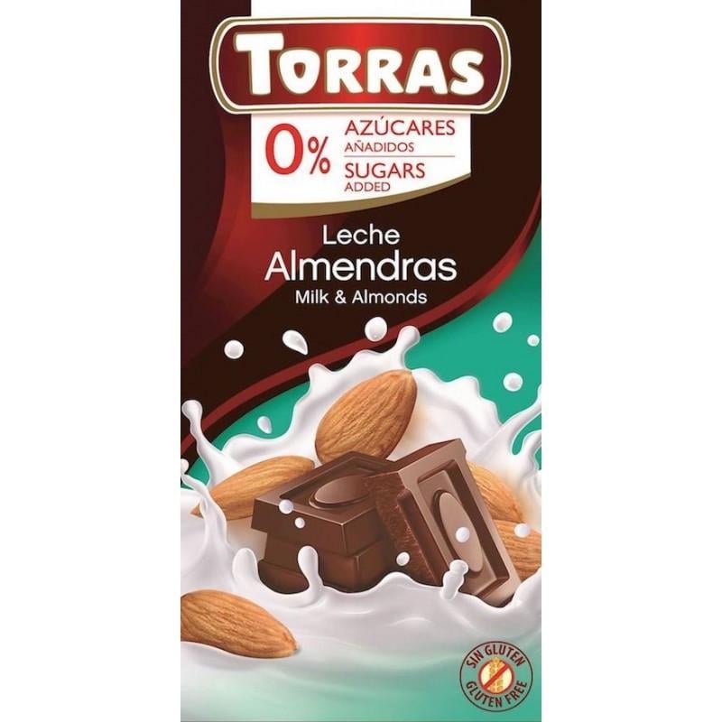 Шоколад молочний Torras Milk & Almonds без цукру з мигдальним горіхом 75 г