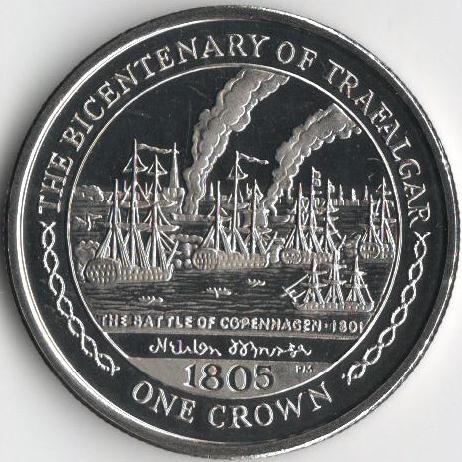 Коллекционная монета Остров Мэн 1 крона 2005 Трафальгарское сражение UNC Разновидность 5 (KM#1291)