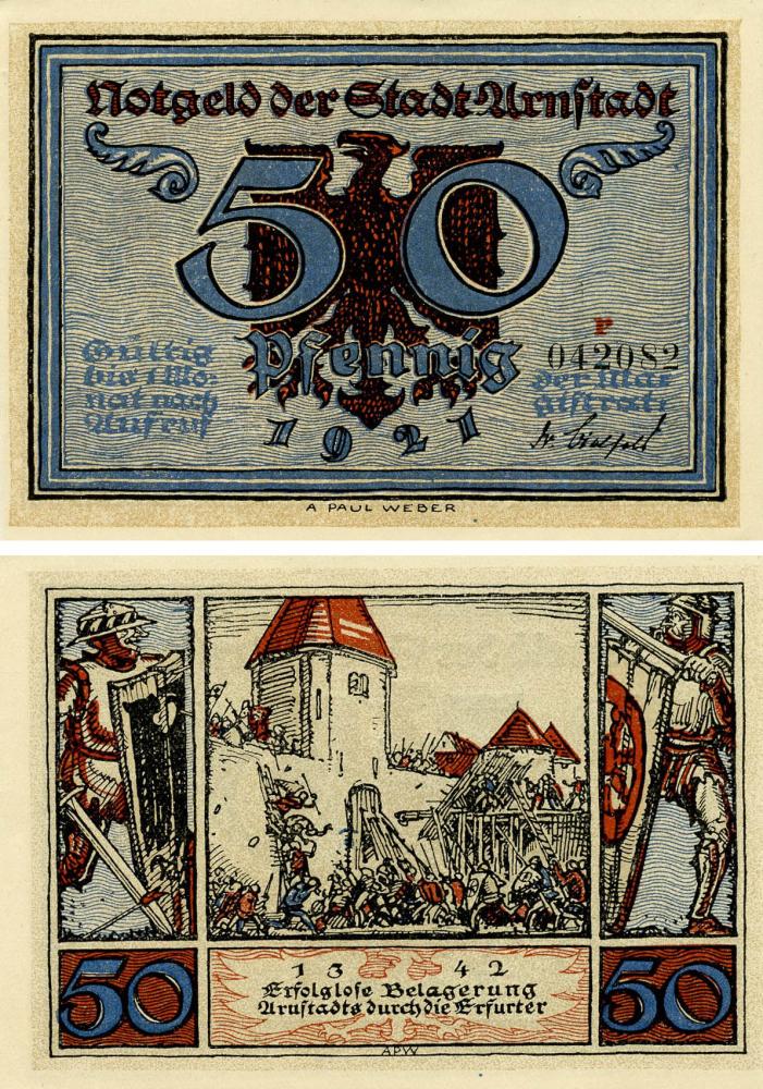 Коллекционная банкнота Германия Нотгельд 50 пфеннигов 1921 F-VF Арнштадт Разновидность 4 (Б18759)