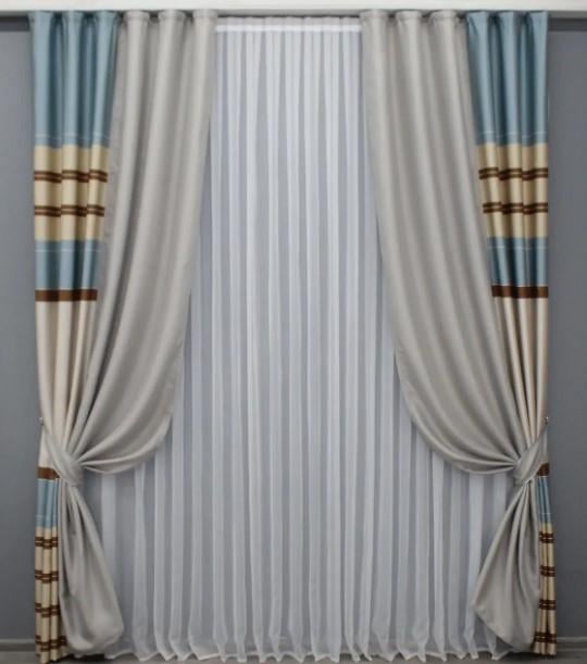 Шторы комбинированные лен 1,5х2,7 м 2 шт. Светло-серый/Голубо-коричневый (014дк/867-953ш)