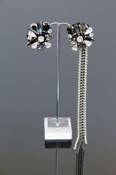 Сережки асіметричні з кристалами та стразовими ланцюжками Бурлеск ручна робота (ER-0075)