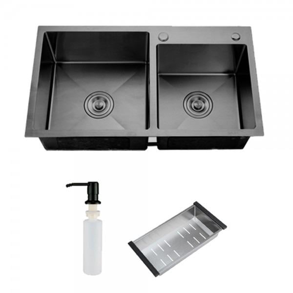 Мийка для кухні ITAL ID 7541-B на дві чаші з дозатором і кошиком Чорний