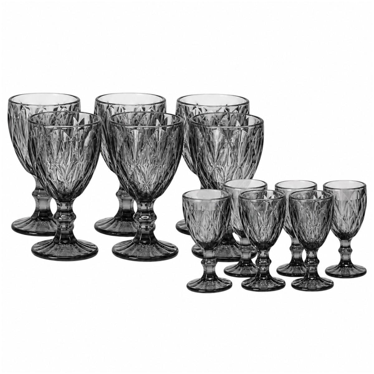 Набір гранених фужерів із чарками High Quality Glass 12 предметів Smoky grey