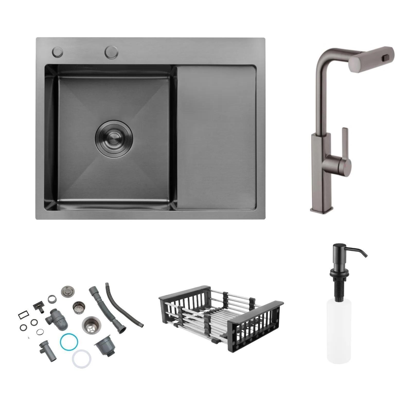 Мойка Kroner-6350LHM левая Черный/смеситель для кухни с выдвижным изливом Kroner-PVD03918