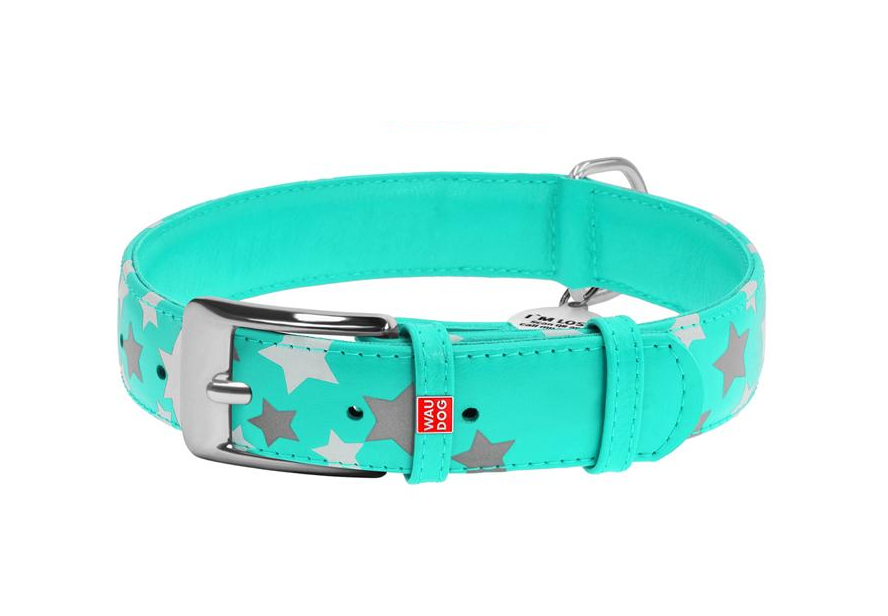 Ошейник для собак с QR-паспортом Waudog Glamour Звездочка светящийся/светоотражающий кожаный XL 35 мм 46-60 см Mint (358813)