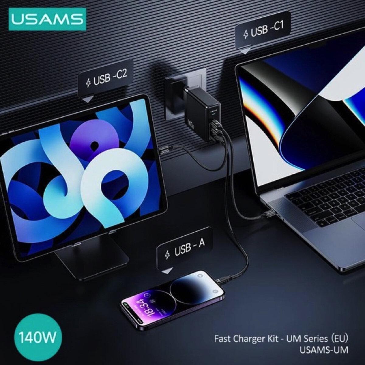 Зарядное устройство US-CC168 EU T52 140W ACC GaN Fast Charger 2xType-C USB-A Type-C to Type-C 240W PD3.1 1,2 м Black (605520) - фото 6