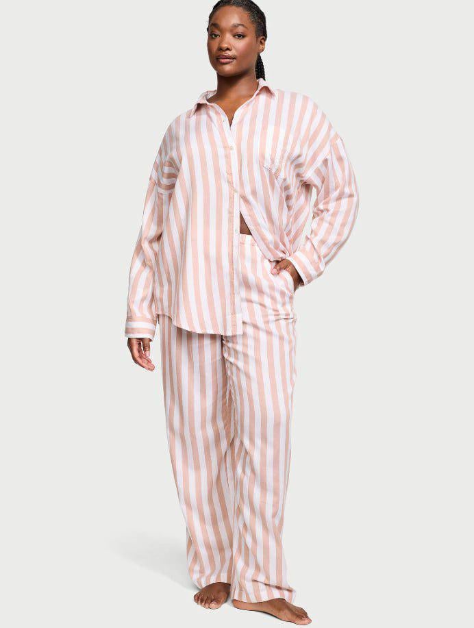 Піжама бавовна сорочка/штани Victoria's Secret Modal-Cotton Long Pajama Set смужка XS Бежевий (26811507D)