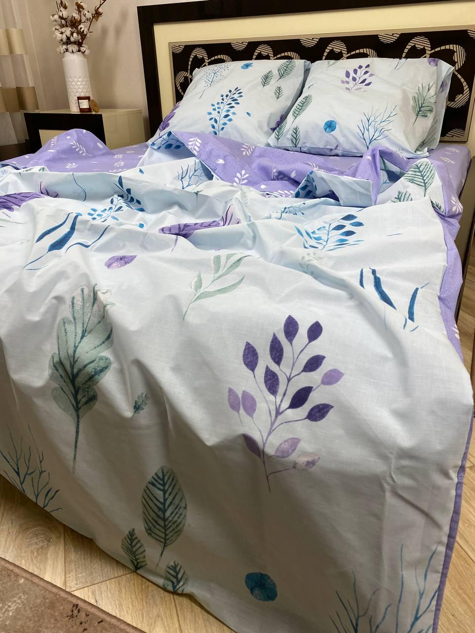 Комплект постільної білизни Рослини 180x220 см двоспальний бавовняний 50х70 см Білий/Фіолетовий