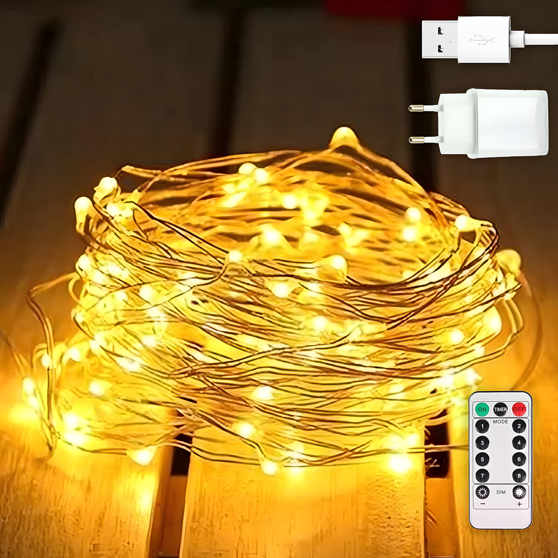 Гирлянда светодиодная нить Роса с пультом от USB и сети 220V 100 LED 8 режимов IP44 10 м Теплый белый Гирлянда светодиодная нить Роса с пультом от USB и сети 220V 100 LED 8 режимов IP44 10 м Теплый белый