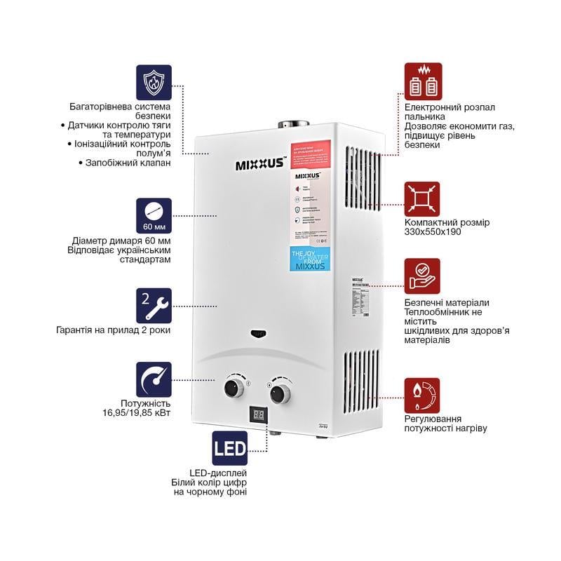 Газова колонка MIXXUS GWH-0710 BASIC TURBO турбована 17 кВт 10 л/хв Білий (OL-WH0028) - фото 4 Газова колонка MIXXUS GWH-0710 BASIC TURBO турбована 17 кВт 10 л/хв Білий (OL-WH0028) - фото 4