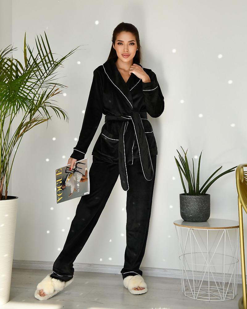 Пижама на запах велюровая р. 40 Черный (5004) - фото 1 Пижама на запах велюровая р. 40 Черный (5004) - фото 1